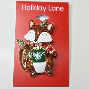 Holiday Lane Fox Christmas Brooch Pin Discontinued Macy’s Enamel Rhinestone